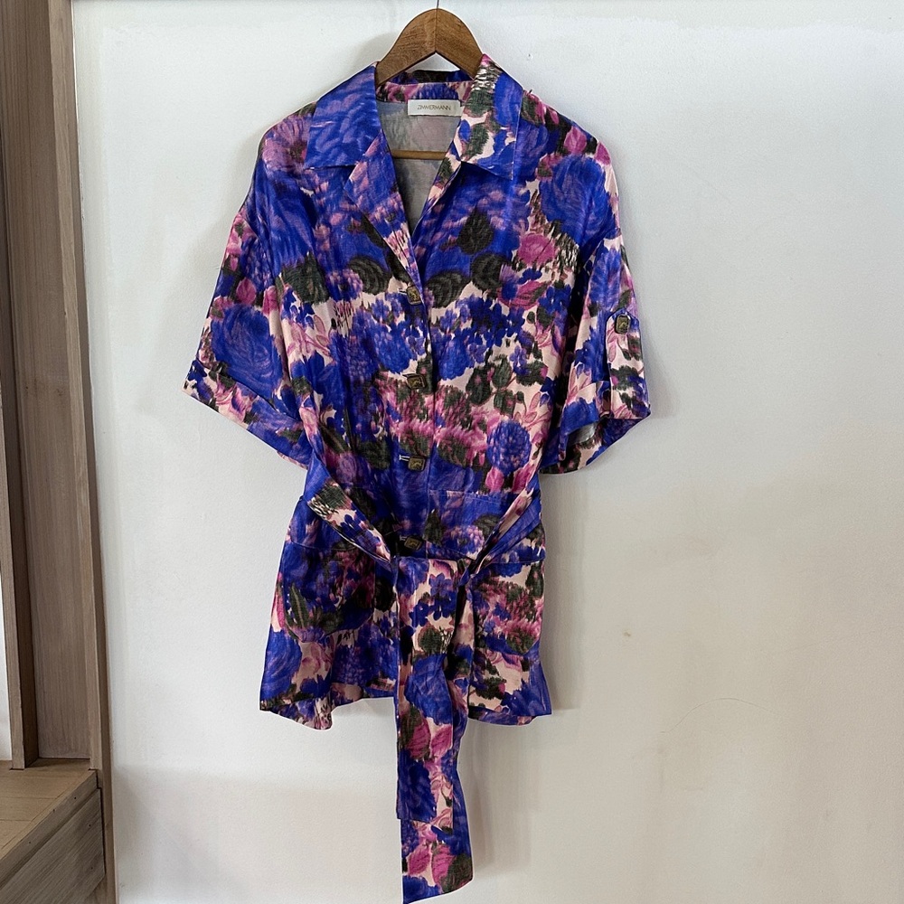 Zimmermann Silk Floral Kimono Jacket in Blue and Pink